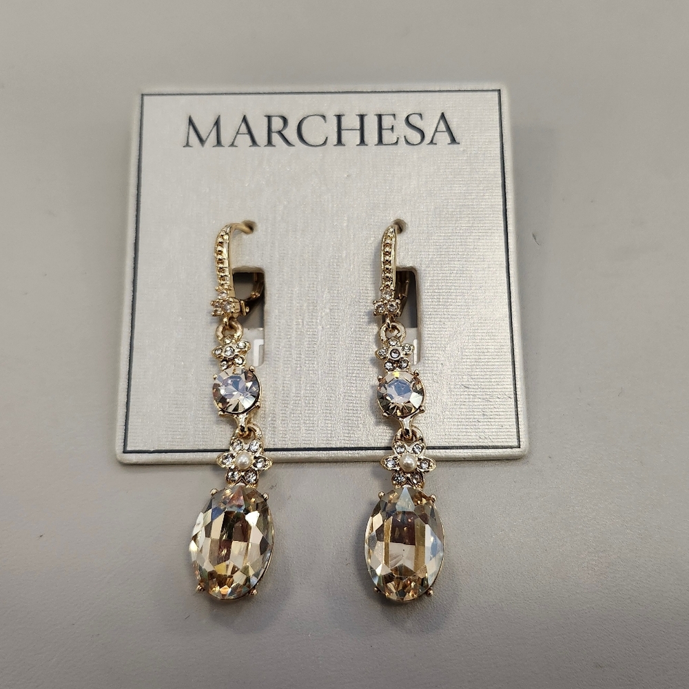 NWT Marchesa Gold-Tone Crystal & Imitation Pearl Flower Linear Drop Earrings
